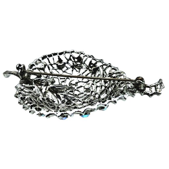 Vintage Rhinestone Leaf Brooch Domed Pin Pink Aurora Borealis Costume Jewelry - Picture 8 of 8